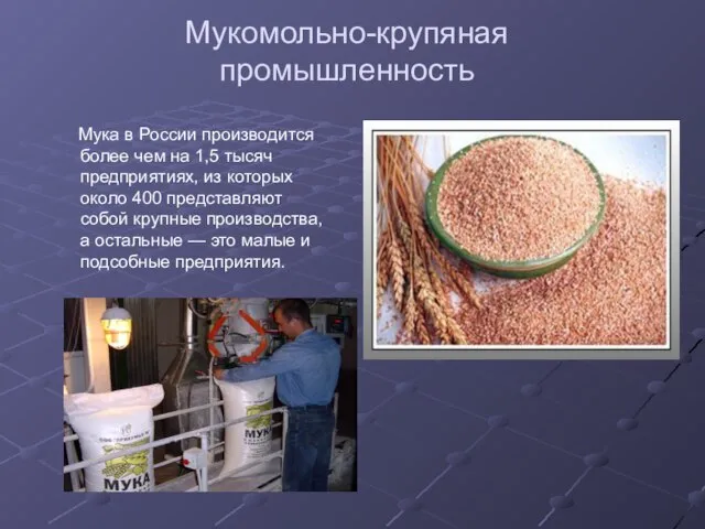 Мукомольно-крупяная промышленность Мука в России производится более чем на 1,5 тысяч предприятиях,
