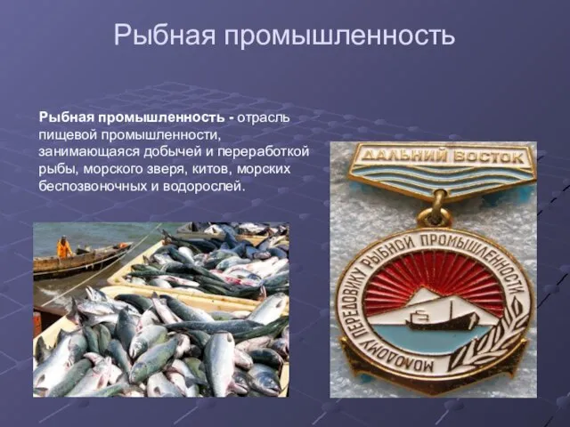 Рыбная промышленность Рыбная промышленность - отрасль пищевой промышленности, занимающаяся добычей и переработкой