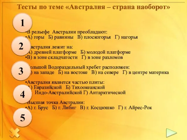 Тесты по теме «Австралия – страна наоборот» 1 2 3 4 5