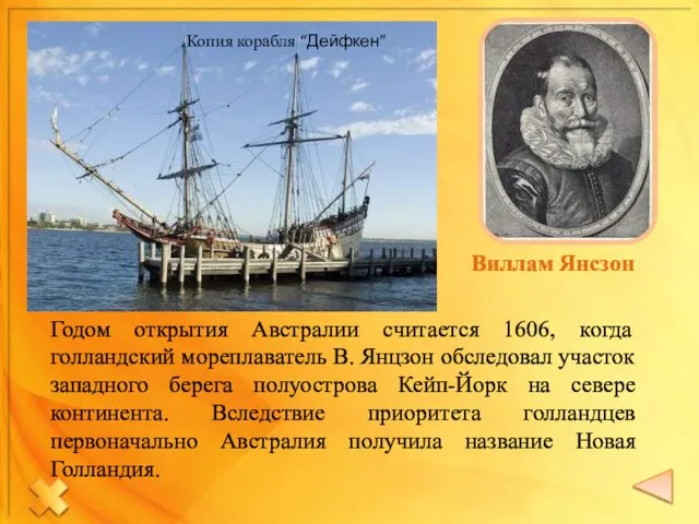 Виллам Янсзон Копия корабля “Дейфкен” Годом открытия Австралии считается 1606, когда голландский