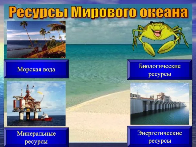 Ресурсы Мирового океана Морская вода Минеральные ресурсы Биологические ресурсы Энергетические ресурсы