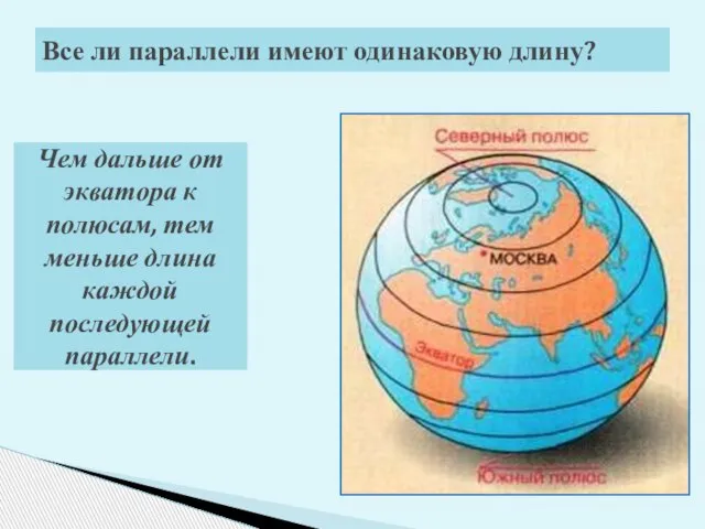 Все ли параллели имеют одинаковую длину? Чем дальше от экватора к полюсам,