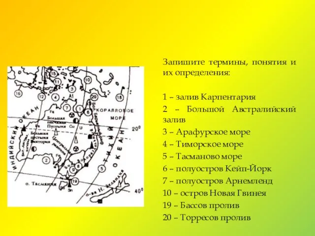 Запишите термины, понятия и их определения: 1 – залив Карпентария 2 –