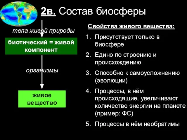 2в. Состав биосферы биотический = живой компонент организмы живое вещество тела живой