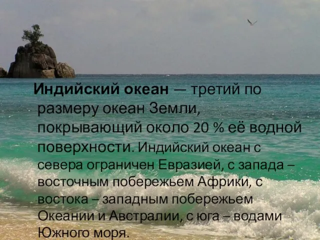 Индийский океан — третий по размеру океан Земли, покрывающий около 20 %