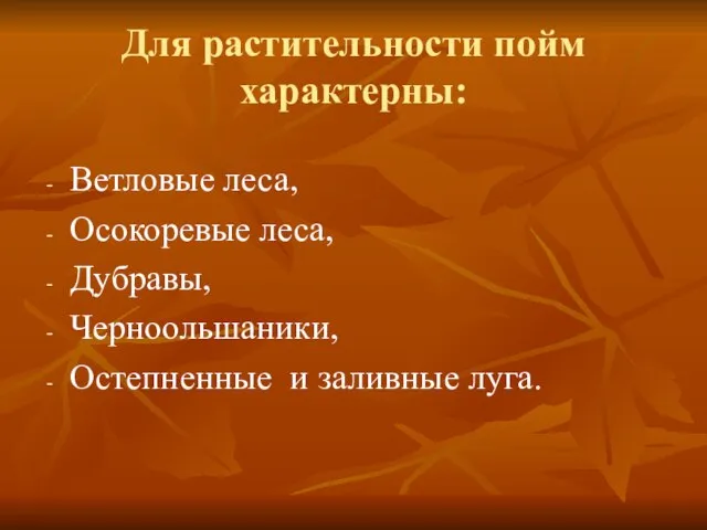 Для растительности пойм характерны: Ветловые леса, Осокоревые леса, Дубравы, Черноольшаники, Остепненные и заливные луга.