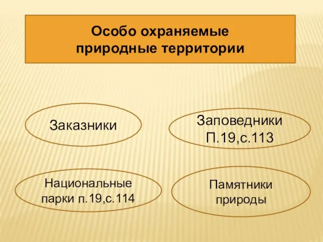 Особо охраняемые природные территории Заповедники П.19,с.113 Заказники Национальные парки п.19,с.114 Памятники природы