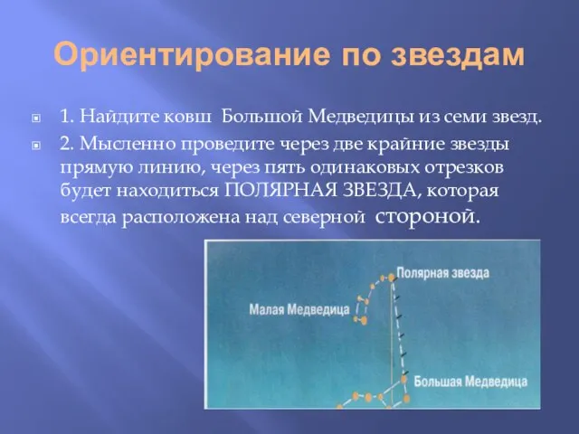 Ориентирование по звездам 1. Найдите ковш Большой Медведицы из семи звезд. 2.