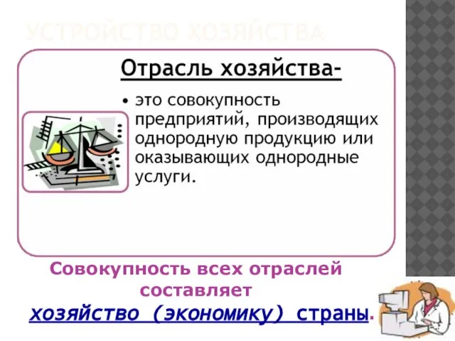 Устройство хозяйства Совокупность всех отраслей составляет хозяйство (экономику) страны.