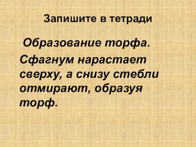 Запишите в тетради Образование торфа. Сфагнум нарастает сверху, а снизу стебли отмирают, образуя торф.