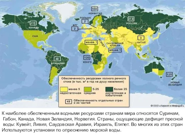 К наиболее обеспеченным водными ресурсами странам мира относятся Суринам, Габон, Канада, Новая