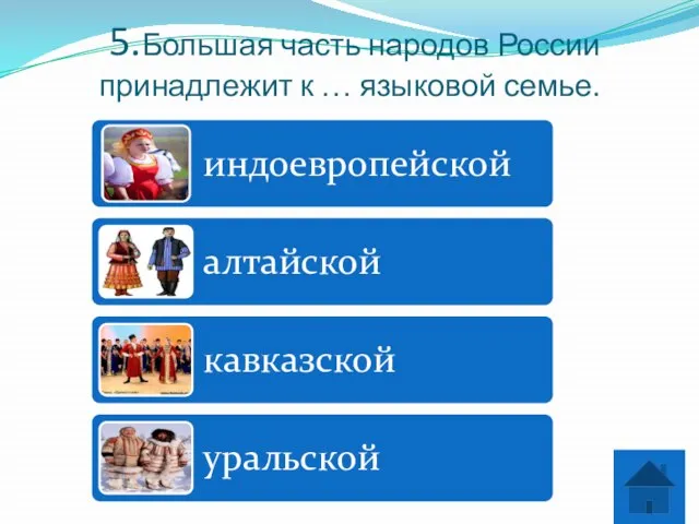 5.Большая часть народов России принадлежит к … языковой семье.