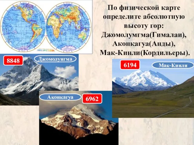 По физической карте определите абсолютную высоту гор: Джомолумгма(Гималаи), Аконкагуа(Анды), Мак-Кинли(Кордильеры). Джомолунгма Аконкагуа Мак-Кинли 8848 6962 6194