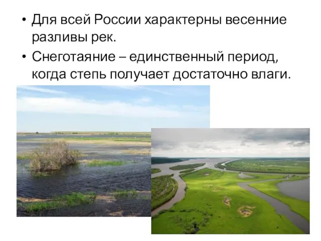 Для всей России характерны весенние разливы рек. Снеготаяние – единственный период, когда степь получает достаточно влаги.
