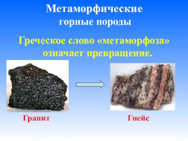 Метаморфические горные породы Греческое слово «метаморфоза» означает превращение. Гранит Гнейс