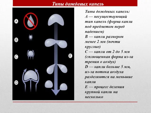 Типы дождевых капель Типы дождевых капель: A — несуществующий тип капель (форма