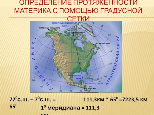 Определение протяжённости материка с помощью градусной сетки 720с.ш. – 70с.ш. = 650