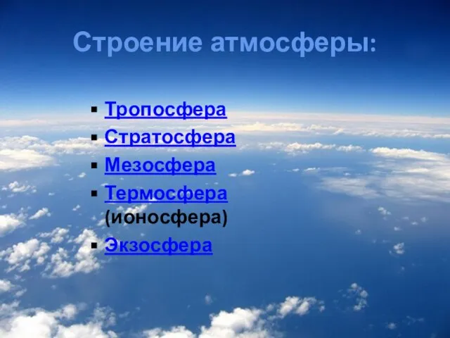 Строение атмосферы: Тропосфера Стратосфера Мезосфера Термосфера (ионосфера) Экзосфера