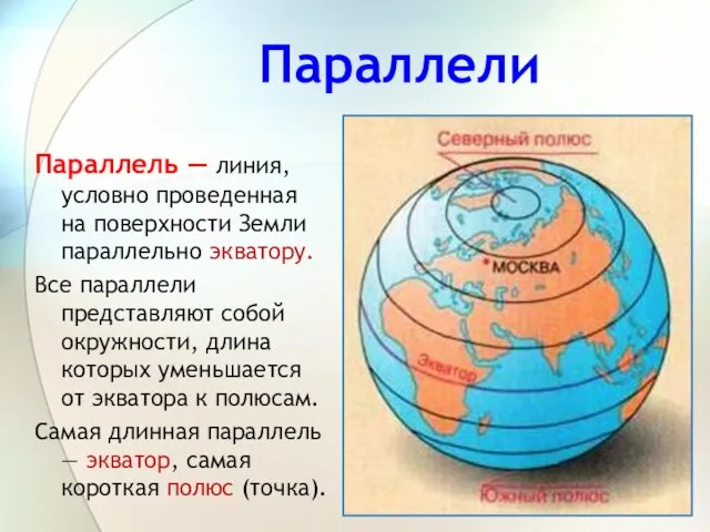 Параллели Параллель — линия, условно проведенная на поверхности Земли параллельно экватору. Все