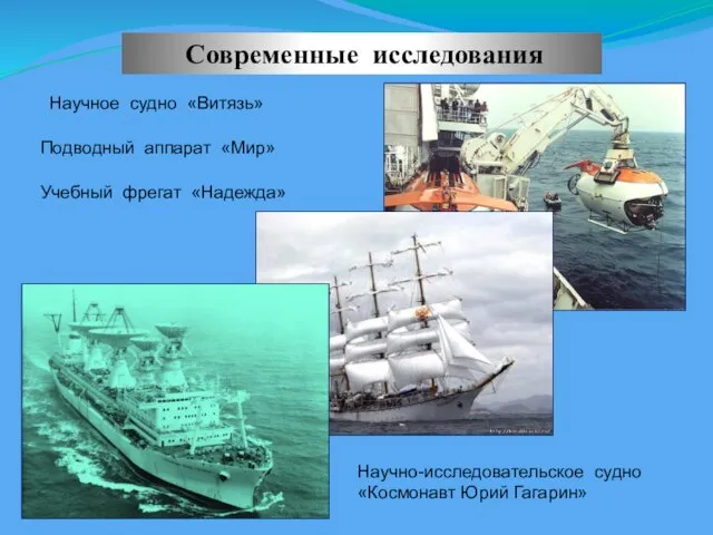 Современные исследования Научное судно «Витязь» Подводный аппарат «Мир» Учебный фрегат «Надежда» Научно-исследовательское судно «Космонавт Юрий Гагарин»