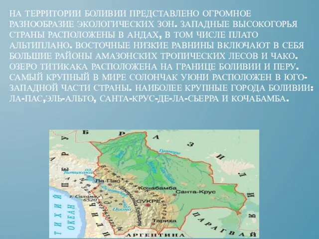 На территории Боливии представлено огромное разнообразие экологических зон. Западные высокогорья страны расположены