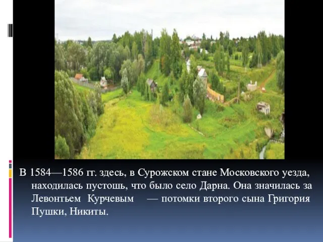 В 1584—1586 гг. здесь, в Сурожском стане Московского уезда, находилась пустошь, что