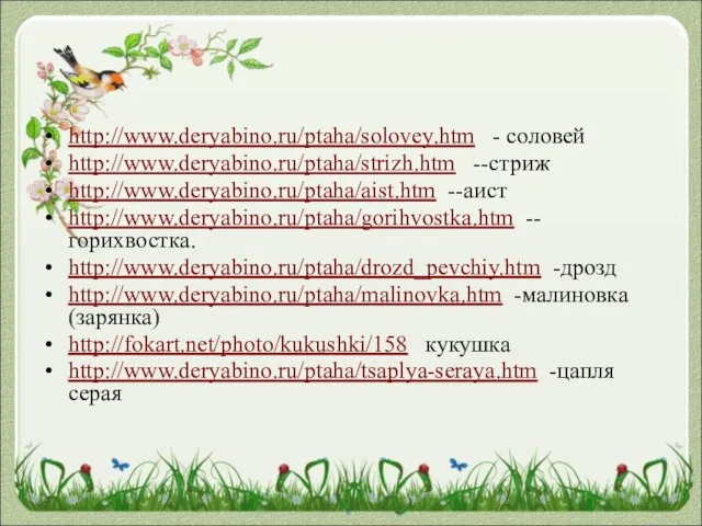 http://www.deryabino.ru/ptaha/solovey.htm - соловей http://www.deryabino.ru/ptaha/strizh.htm --стриж http://www.deryabino.ru/ptaha/aist.htm --аист http://www.deryabino.ru/ptaha/gorihvostka.htm --горихвостка. http://www.deryabino.ru/ptaha/drozd_pevchiy.htm -дрозд http://www.deryabino.ru/ptaha/malinovka.htm