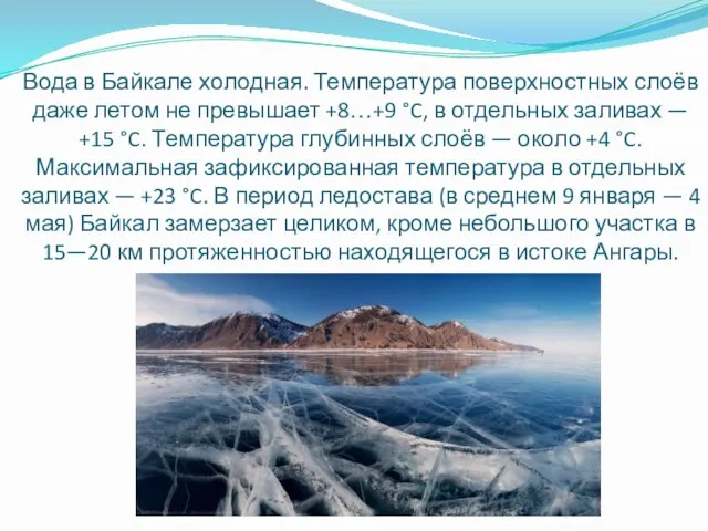 Вода в Байкале холодная. Температура поверхностных слоёв даже летом не превышает +8…+9