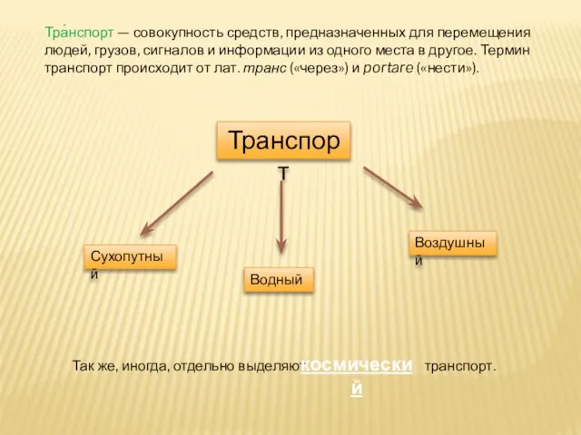 Тра́нспорт — совокупность средств, предназначенных для перемещения людей, грузов, сигналов и информации