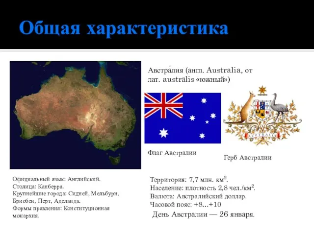 Общая характеристика Австра́лия (англ. Australia, от лат. austrālis «южный») Флаг Австралии Герб