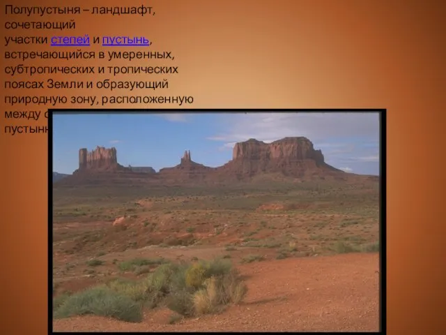 Полупустыня – ландшафт, сочетающий участки степей и пустынь, встречающийся в умеренных, субтропических