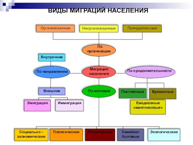 Организованные Неорганизованные Принудительные По организации Миграция населения По направлению По продолжительности Внутренние