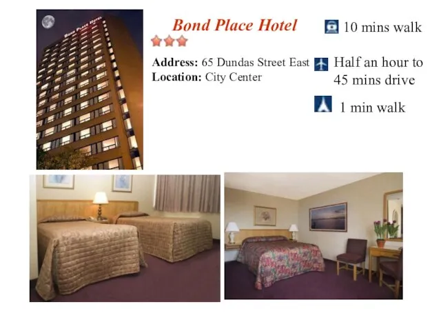 Bond Place Hotel 10 mins walk Half an hour to 45 mins