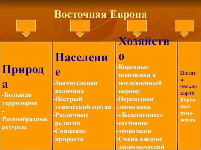 Восточная Европа Природа -Большая территория -Разнообразные ресурсы Население Значительная величина Пёстрый этнический