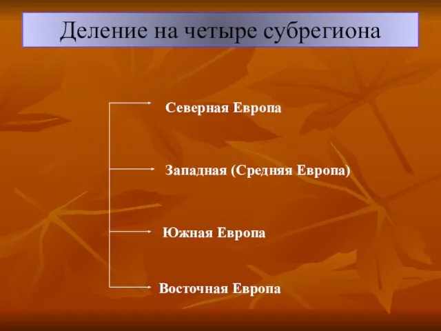 Деление на четыре субрегиона Северная Европа Западная (Средняя Европа) Южная Европа Восточная Европа