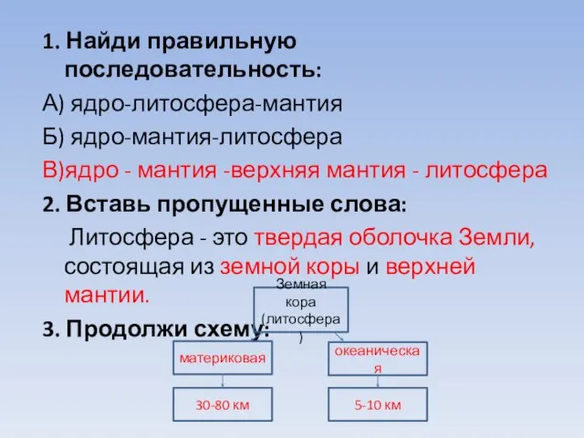 1. Найди правильную последовательность: А) ядро-литосфера-мантия Б) ядро-мантия-литосфера В)ядро - мантия -верхняя