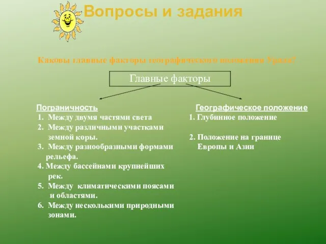 Вопросы и задания Каковы главные факторы географического положения Урала? Пограничность Географическое положение