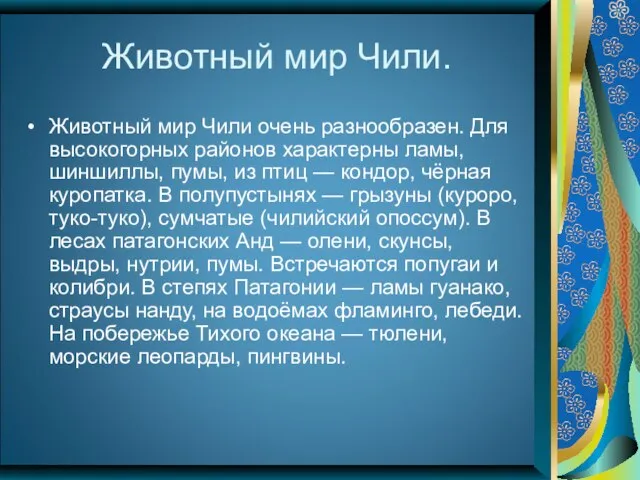 Животный мир Чили. Животный мир Чили очень разнообразен. Для высокогорных районов характерны