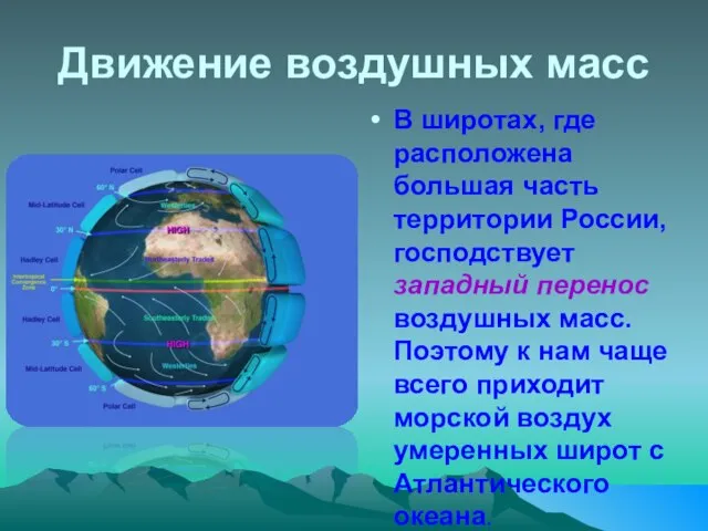 Движение воздушных масс В широтах, где расположена большая часть территории России, господствует