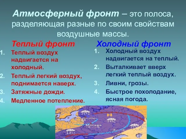 Атмосферный фронт – это полоса, разделяющая разные по своим свойствам воздушные массы.