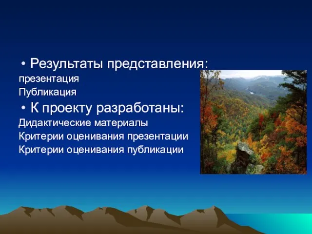 Результаты представления: презентация Публикация К проекту разработаны: Дидактические материалы Критерии оценивания презентации Критерии оценивания публикации