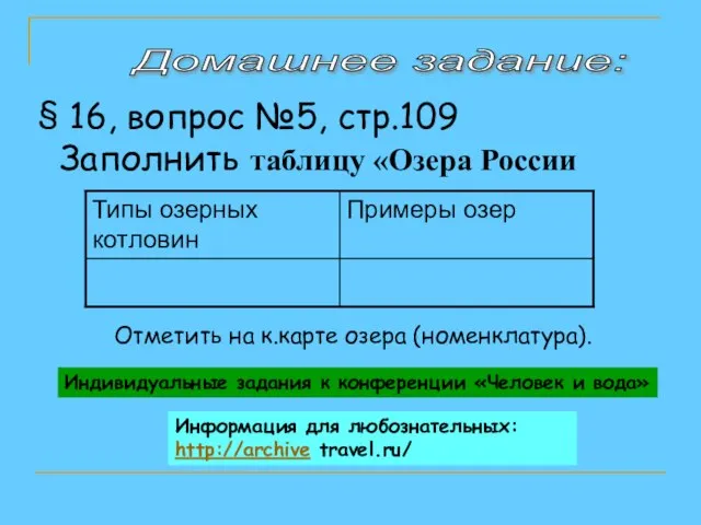 Домашнее задание: 16, вопрос №5, стр.109 Заполнить таблицу «Озера России Индивидуальные задания