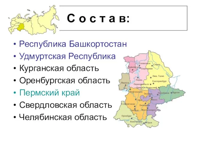 С о с т а в: Республика Башкортостан Удмуртская Республика Курганская область