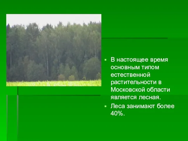 В настоящее время основным типом естественной растительности в Московской области является лесная. Леса занимают более 40%.