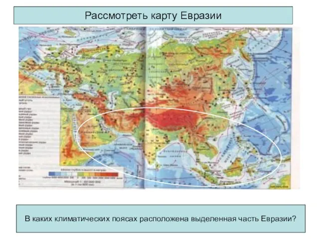 Рассмотреть карту Евразии В каких климатических поясах расположена выделенная часть Евразии?