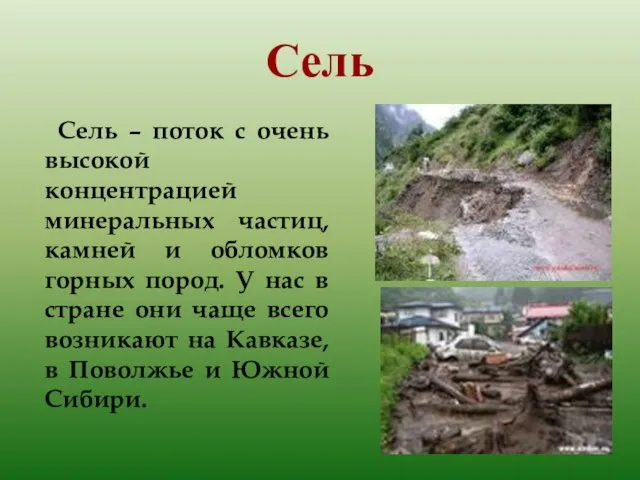 Сель Сель – поток с очень высокой концентрацией минеральных частиц, камней и