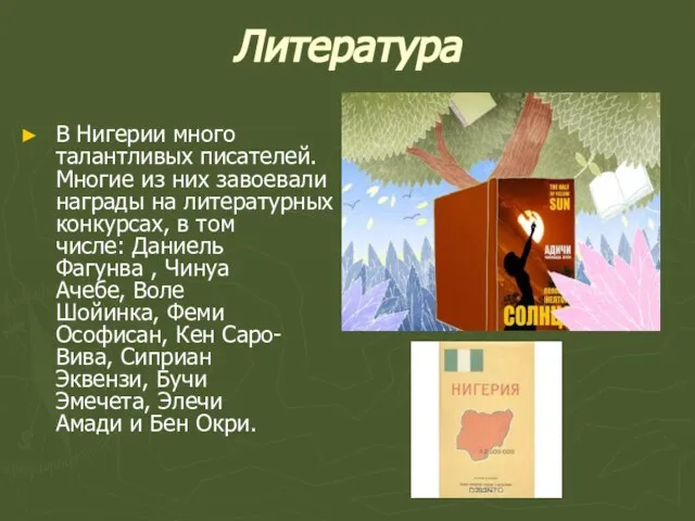 Литература В Нигерии много талантливых писателей. Многие из них завоевали награды на