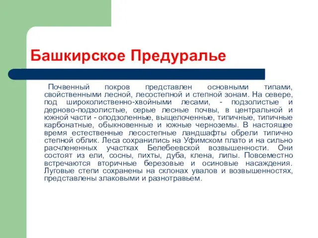 Башкирское Предуралье Почвенный покров представлен основными типами, свойственными лесной, лесостепной и степной