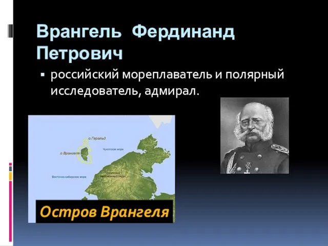 Врангель Фердинанд Петрович российский мореплаватель и полярный исследователь, адмирал. Остров Врангеля