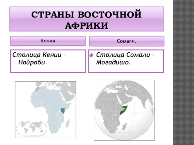 СТРАНЫ ВОСТОЧНОЙ АФРИКИ Кения Сомали. Столица Кении – Найроби. Столица Сомали – Могадишо.